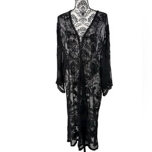 Rue+ Black Sheer Lace Embroidered Longline Duster Kimono Cardigan Plus 2X